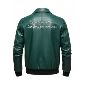 Chaqueta de Cuero Premium Color Verde Azulado Oscuro, Unisex, Piel de Vaca Genuina, Cuello Camisero, Chaqueta Bomber Informal, Bordado Personalizado en la Parte Delantera de Lona - Product Image 6
