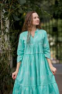 Vestido Miya Estampado a Mano, Algodón Puro, Estilo Bohemio, Floral, Casual, Hecho a Mano, Moda Ética, Turquesa Blanco - Product Image 2