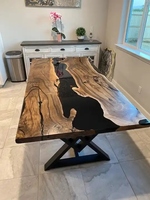 Table Basse / Table à Manger Moderne Rustique en Bois Massif à Bord Naturel avec Résine Époxy, pour Bureau, Chambre, Salle de Bain, Entrée, Atelier ou Bar