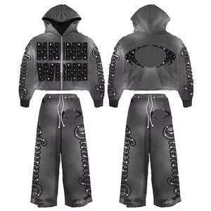 Conjunto de Sudadera con Capucha y Pantalones Deportivos Anchos con Lavado Ácido Personalizados para Hombre, Ropa Deportiva Bordada, Chándal con Pedrería, Sudadera Corta - Product Image 1