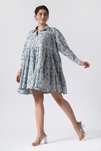 Tendance nouveau produit robe d'été pour femmes en acier léger bleu bloc à la main imprimé coton confortable robes de vêtements plissés - Product Image 5