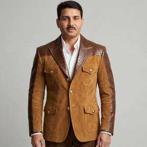 Brown Animal Print Casual Finished <b>Men's</b> PU Leather <b>Suede</b> Look Blazer <b>Jacket</b> Contrast Panel Patchwork Detail Turn-down Collar - Product Image 3