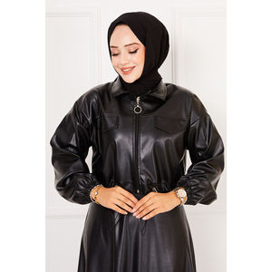 Lady's Winter Black Leather Skirt Set 2pcs Skinny Shorts with Feathers & Logo <b>Top</b> Solid Pattern 2pcs <b>One</b> Set Minimum - Product Image 2