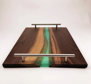 Plateau de service en résine et bois pour le thé et le café, accessoire de cuisine, poignée en acier inoxydable, plateau de rangement - Product Image 1