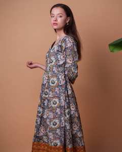 Robe Anasuya Ikat imprimée à la main, robe bohème florale grise et verte en pur coton, robe décontractée - Product Image 2