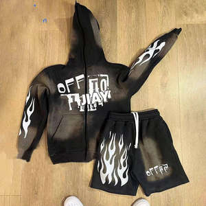 Ensemble short unisexe en coton épais délavé à la pierre acide Sweat à capuche délavé au soleil pour hommes - Product Image 5