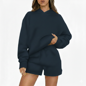 Ensemble décontracté pour femmes, sweat-shirt et short, coupe ample, tenue deux pièces, 100% coton, mode minimaliste de rue, confort quotidien - Product Image 5