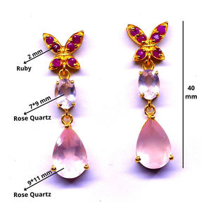 Vêtements de mariage 925 argent sterling plaqué or rubis rose quartz pierres précieuses attrayantes boucles d'oreilles élégantes - Product Image 2