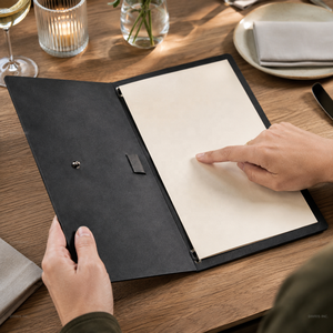 Fabricante de Cubiertas de Menú de Cuero PU Personalizadas OEM con Logotipo Personalizado para Restaurantes y Hoteles, Capacidad para Múltiples Páginas, MOQ Bajo - Product Image 5