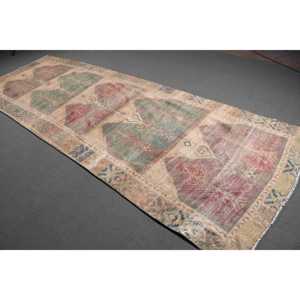 4.5x12.4 ft Vintage Turkish <b>Runner</b> Rug Red <b>Green</b> Ombr Wool Patchwork Rug with Eco-Friendly Latex Backing Medium Pile - Product Image 1