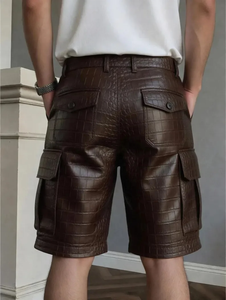 Shorts cargo pour homme en cuir gaufré imitation crocodile noir, taille mi-haute, fermeture boutonnée, style décontracté Bermuda avec poches - Product Image 5