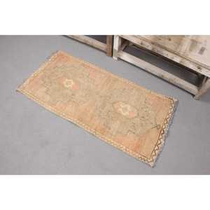 0.1x3.8 ft Rug, Vintage Turkish Rug, <b>Brown</b> Polka dot <b>Wool</b> Rug - Product Image 2