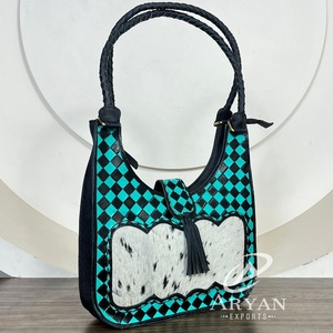 Custom Western Hand Tooled Cowhide Leather <b>Handbag</b> Turquoise & Black Checker Shoulder Bag Women's Fashion Tote Purse with Tassel - Product Image 1