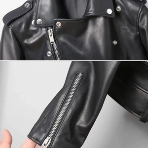 แจ็กเก็ตหนังวัวแท้แบบสวมหัวสำหรับผู้หญิงแจ็คเก็ตขี่มอเตอร์ไซค์ทรงพอดีตัวคอวีสไตล์ใหม่ - Product Image 5