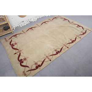 พรมขนสัตว์ตุรกีทรงเรขาคณิตสีแดงสีเบจ4.5 x 7.6ft วินเทจผ้าทอปะต่อแบบถักแบนสำหรับตกแต่งห้องนั่งเล่นยางความหนา10มม. - Product Image 2