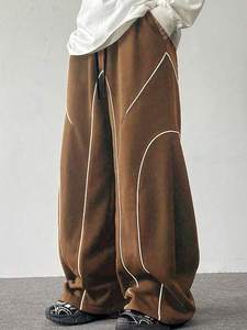 Pantalon de jogging marron à jambes larges pour hommes lavé doux drapé polaire coupe décontractée conception de passepoil incurvé cordon de serrage taille Premium Streetwear - Product Image 4