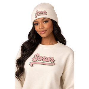 Gorro de Punto Soror Ivory, Gorro de Invierno para Hermandad Universitaria, Color Rosa y Verde, Ropa Casual Elegante para Mujeres - Product Image 1