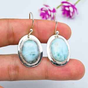 Boucles d'oreilles uniques en larimar, argent sterling 925, forme ovale, pendantes, pierres précieuses, bijoux en larimar, cadeau de Thanksgiving - Product Image 1