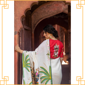 Sari de Georgette festivo exportador indio con trabajo de espejo para celebraciones navideñas sari con estampado floral - Product Image 4