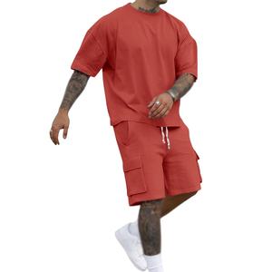 Costume deux pièces décontracté d'automne pour hommes, t-shirt à manches courtes et col rond de grande taille, short, tissu tricoté respirant, personnalisable - Product Image 4