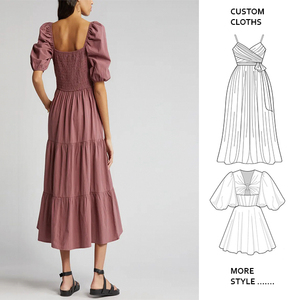 Recién llegado, ajuste personalizado, algodón de alta calidad, informal, cuello Corazón, fruncido, botón trasero, manga farol frontal, vestido MIDI con volantes para mujer - Product Image 1