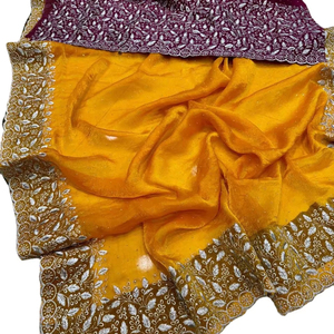 Saree en mousseline de soie Fandy avec broderie de diamants multiples, pièce de chemisier contrastée au tarif de gros pour les femmes ou les filles à vendre - Product Image 1