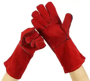 Leather Industrial Welding Long Sleeve Leather Red Welding Gloves Function Anti Heat Industrial Safety Leather Welding Gloves