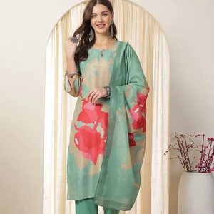 Mujeres verde floral impreso Keyhole Neck Pure Silk Straight Kurta con pantalones y Dupatta indio Pakistán traje - Product Image 1