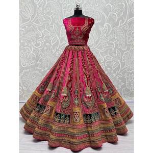 Lehenga Choli de mariée en velours rose Rani de qualité supérieure avec dupatta, vêtements de mariage - Product Image 5