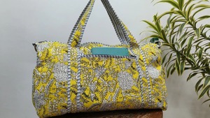 Le Souvenirs Handmade Blockprinted Quilted Cotton Duffle Bag Detachable Long <b>Belt</b> Yellow White Floral Print-Weekender Luxury - Product Image 4