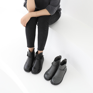 [JSHOE] Botines cortos con plataforma forrada de piel de vaca genuina de 6cm Cómodos y cálidos Botines de cuero con punta redonda para mujer - Product Image 2