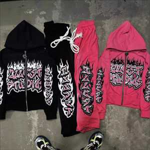 Conjunto Deportivo Informal de Dos Piezas para Hombre, Estilo Urbano, Personalizado, 100% Algodón, Invierno, Sudadera con Capucha y Pantalones Acampanados, Lavado Ácido - Product Image 1