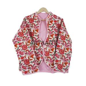 <b>Quilted</b> Pure Cotton Women's Winter Jacket Hand Block Print Flower-Printed Parka Windbreaker Coat Button Breathable Leather - Product Image 1