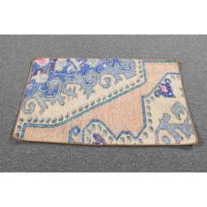 Alfombra Turca Vintage de 1.5x2.5 pies, Alfombra Pequeña de Lana Marroquí Azul - Product Image 3