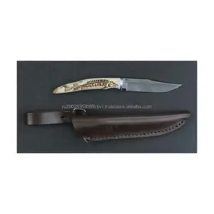 Small knife "Biven" forged Damascus steel handle made of elk horn complete with a custom leather case