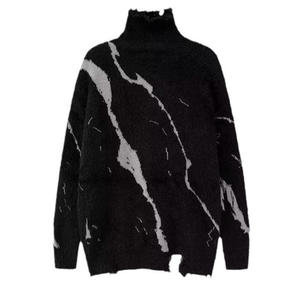 Suéter de <span class=keywords><strong>cuello</strong></span> simulado personalizado con bloques de color y jacquard, suéter casual negro de punto holgado, suéter con bajo sin rematar, suéter de moda urbana. - Product Image 4