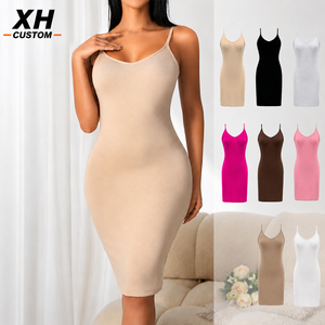 Robe midi moulante en tricot à fines bretelles pour femme XH CUSTOM, couleur unie, ajustée, décontractée, froncée, toutes saisons - Product Image 1
