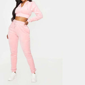High Quality <b>Velour</b> Custom Embroidered Logo Cropped Velvet Ladies Zip up Hoodie and Jogger Set <b>Tracksuit</b> Flared Pants Set Women - Product Image 2