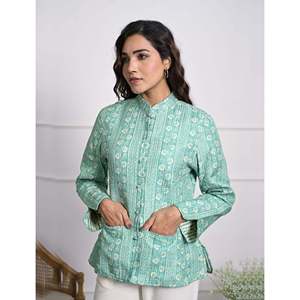 Silk Block Printed Reversible Winter <b>Jacket</b> with Button Decoration - Product Image 1