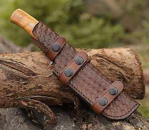 Couteau de chasse en acier damas de haute qualité, manche en acier inoxydable, 8 pouces, pointe tombante, 58HRC, étui en cuir, vente en gros B2B - Product Image 2