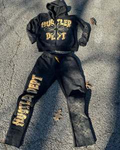 Custom Heavyweight 500gsm 100% algodón Puff estampado Sudadera con capucha Fleece Baggy Stacked Flared pantalones de chándal y Sudadera con capucha conjunto de chándal de los hombres - Product Image 2