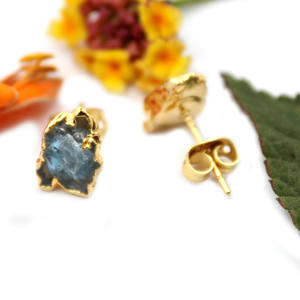 Gold Electroplated Rough <b>Aquamarine</b> Stud <b>Earrings</b> Birthstone Jewelry For March - Product Image 2