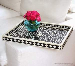 Bandeja de servicio Rectangular con incrustaciones de hueso hechas a mano de calidad genuina, diseño de hojas de tamaño personalizado de resina negra para uso en restaurante en casa - Product Image 1