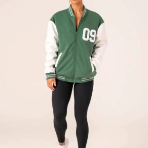 Blouson aviateur universitaire vert et blanc pour femme avec ourlets côtelés rayés Vêtements d'extérieur de style athlétique en mélange de coton léger - Product Image 5