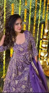 Women's Purple Embroidered Chiffon Anarkali <b>Dress</b> Full Length O-Neck Elegant Floral Pattern Sleeveless Loose Fit Spring Summer - Product Image 5