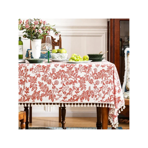 New Rustic Cream Red Floral Cotton <b>Tablecloth</b> 140X240Cm 220 GSM With Tassels For Hotels And Bulk Orders And Decors And Spas - Product Image 1