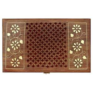 Boîte à stylos en bois de style antique indien poli et sculpté au laser décoré avec un modèle de fleur de peinture cadeau pour le stockage de bijoux - Product Image 5