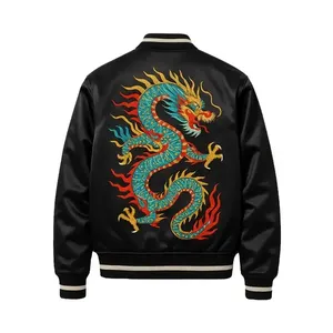 Veste en satin noire de style universitaire avec patch brodé de dragon - Product Image 2