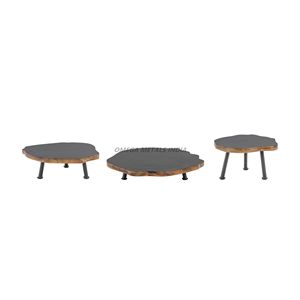 Ensemble de plateau de service en bois naturel et en pierre noire avec pieds robustes de forme organique unique idéal pour la décoration intérieure rustique et les divertissements - Product Image 1
