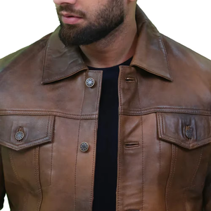 Nouvelle veste en cuir marron vintage classique pour homme en peau de mouton vieilli, coupe slim, logo frontal, col montant, hiver, moto - Product Image 4